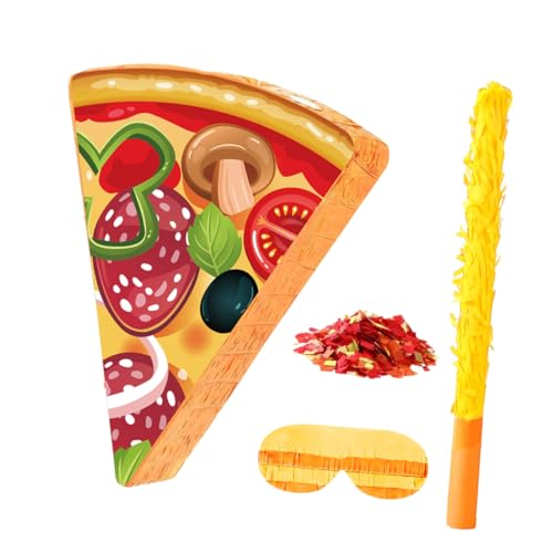 JECOMPRIS Pizza Party Pinata mit Aufhängering Blindfold und Bunte Pizza Deko für Kindergeburtstag Cinco De Mayo Food Game Vielseitig als Partyspiel und Feierdeko Komplettset von JECOMPRIS