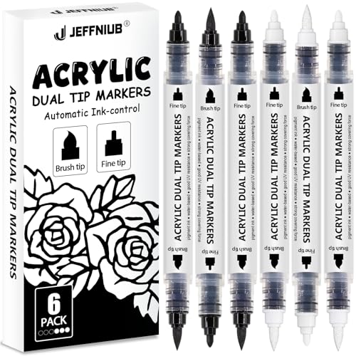 JEFFNIUB Acrylic Brush Marker Doppelseitige Pinselspitze Acrylmarker Automatische Tintensteuerung 6 Stück, Schwarz Weiß Acrylstifte für Steine, Metall, Glas, Holz, Stoff, Porzellan, Keramik von JEFFNIUB