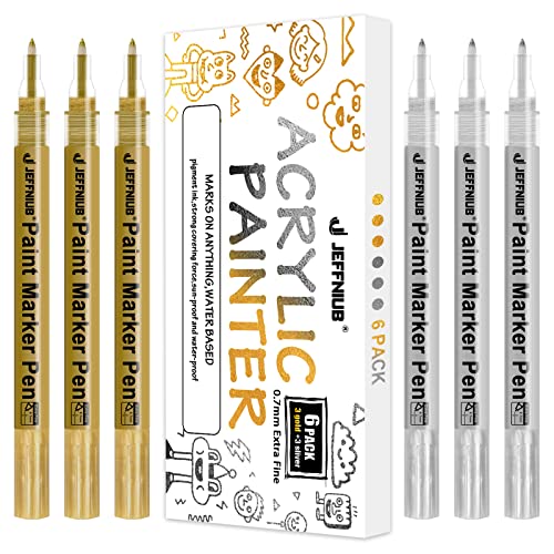 JEFFNIUB Filzstift Stifte, Gold und Silber, 6 Stück, gold- und silberfarbener Acrylfilz, für Kieselsteine, Glas, Holz, Textilien, Fotoalbum, Filz, Acrylfarbe, feine Spitze, permanent goldfarben JEFFNIUB Filzstift Stifte, Gold und Silber, 6 Stück, gold- und silberfarbener Acrylfilz, für Kieselsteine, Glas, Holz, Textilien, Fotoalbum, Filz, Acrylfarbe, feine Spitze, permanent goldfarben von JEFFNIUB
