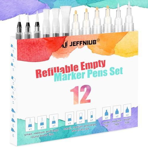 JEFFNIUB Set mit 12 Leere Stifte, Malstiften Wasserpinsel mit Tank, Leere Acrylic Marker mit Verschiedenen Spitzen für Malerei und Kalligraphie von JEFFNIUB
