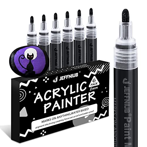 JEFFNIUB Schwarz Acrylstifte Dicke Spitze 6Stück, Acrylfarben Stifte Set Wasserfest Schwarz Marker Stifte für Holz, Metall, Glas, Stoff, Steine Bemalen von JEFFNIUB