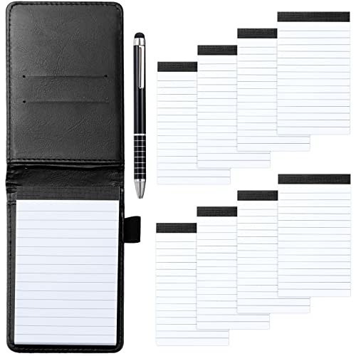 JEFFOUOO Mini Notizblock A7 Set,Kleiner Leder Notizblock Halter Taschennotizblock,Tragbarer Mini Notizbuch mit Stift,8 Stk 7,5x12,8cm Ersatz-Notizblöcken,30 liniertes Papier pro Notizblock (Schwarz) von JEFFOUOO