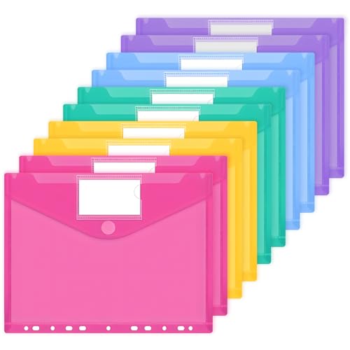 JEFURE A4 Dokumententasche 10 Stück, 5 Farben Dokumentenmappe, Wasserdichte Mappen mit 11 Löchern, Klettverschluss und Etikettentaschen, Durchsichtige Dokumentenhüllen für Dokumente Organisiere von JEFURE