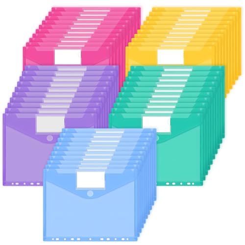 JEFURE A4 Dokumententasche 50 Stück, 5 Farben Dokumentenmappe, Wasserdichte Mappen mit 11 Löchern, Klettverschluss und Etikettentaschen, Durchsichtige Dokumentenhüllen für Dokumente Organisiere von JEFURE