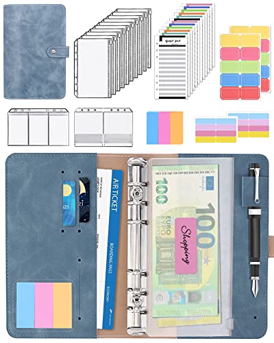 JEJA Budget Planner, 6 Löcher Budget Binder Notizbuch, Ringbuch Budget Planner, PU Leder Ringbuchordner, A6 PU Leder Notizbuch Ordnermit 12 budget planner geldumschläge (Blau) von JEJA