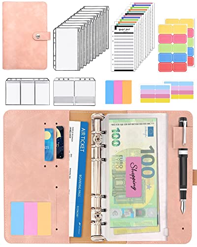 JEJA Budget Planner, 6 Löcher Budget Binder Notizbuch, Ringbuch Budget Planner, PU Leder Ringbuchordner, A6 PU Leder Notizbuch Ordnermit 12 budget planner geldumschläge (Rosa) von JEJA