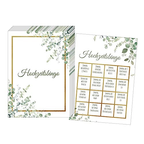 JEKA 50 Karten Hochzeitsbingo, Witziges Hochzeitsspiel für Gäste, Hochzeitsspiele für Gäste, Hochzeitsgeschenk, Hochzeitsdekoration (Grün Gold) von JEKA