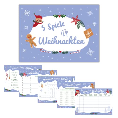 JEKA Weihnachtsspiele, 5 Spiele für Weihnachten (je 10 Stück), Weihnachtsquiz, Partyspiele Familie, 5 Weihnachtsrätsel zur Beschäftigung zu Weihnachten, Design Elf von JEKA