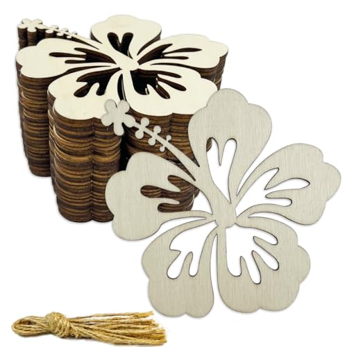 30 Stück 10,2 cm unlackierte Holz-Hibiskusblütenausschnitte DIY Handwerk Holz Hibiskus geformte hängende Ornamente mit Loch Hanfseile für Ostern Frühling Party Dekoration von JEKEJIAJIU