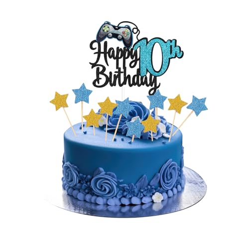 JEKUGOT Happy 10th Birthday Cake Topper Glitter Videospiel Cake Pick Game On Controllers 10 Cheers to 10 Years Cake Decoration 10th Cake Topper (Blue) von JEKUGOT