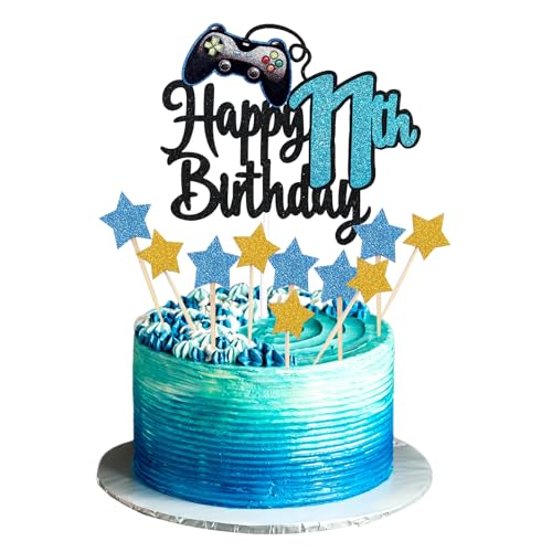 JEKUGOT Happy 11th Birthday Cake Topper Glitter Videospiel Cake Pick Game On Controllers 11 Cheers to 11 Years Cake Decoration 11th Cake Topper (Blue) von JEKUGOT