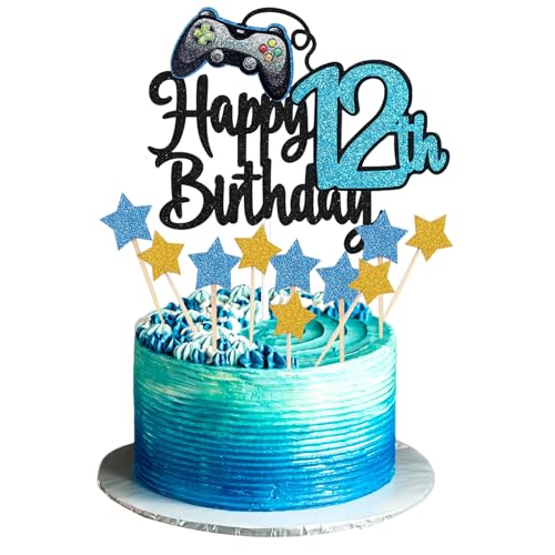 JEKUGOT Happy 12th Birthday Cake Topper Glitter Videospiel Cake Pick Game On Controllers 12 Cheers to 12 Years Cake Decoration 12th Cake Topper (Blue) von JEKUGOT