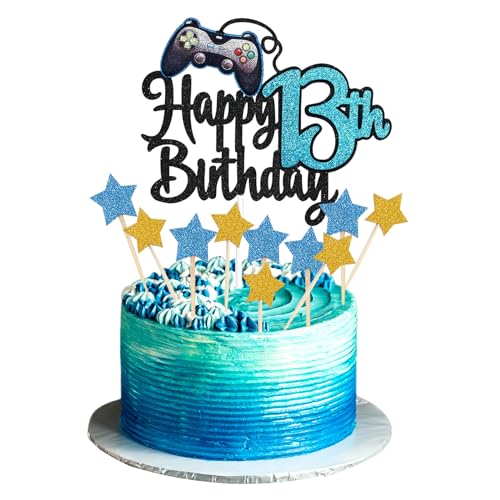 JEKUGOT Happy 13th Birthday Cake Topper Glitter Videospiel Cake Pick Game On Controllers 13 Cheers to 13 Years Cake Decoration 13th Cake Topper (Blue) von JEKUGOT