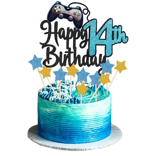 JEKUGOT Happy 14th Birthday Cake Topper Glitter Videospiel Cake Pick Game On Controllers 14 Cheers to 14 Years Cake Decoration 14th Cake Topper (Blue) von JEKUGOT