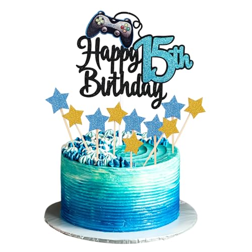 JEKUGOT Happy 15th Birthday Cake Topper Glitter Videospiel Cake Pick Game On Controllers 15 Cheers to 15 Years Cake Decoration 15th Cake Topper (Blue) von JEKUGOT