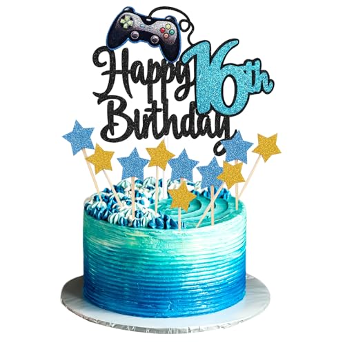 JEKUGOT Happy 16th Birthday Cake Topper Glitter Videospiel Cake Pick Game On Controllers 16 Cheers to 16 Years Cake Decoration 16th Cake Topper (Blue) von JEKUGOT
