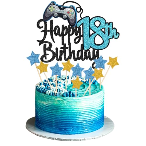 JEKUGOT Happy 18th Birthday Cake Topper Glitter Videospiel Cake Pick Game On Controllers 18 Cheers to 18 Years Cake Decoration 18th Cake Topper (Blue) von JEKUGOT
