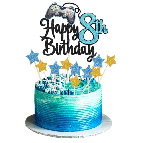 JEKUGOT Happy 8th Birthday Cake Topper Glitter Videospiel Cake Pick Game On Controllers 8 Cheers to 8 Years Cake Decoration 8th Cake Topper (Blue) von JEKUGOT