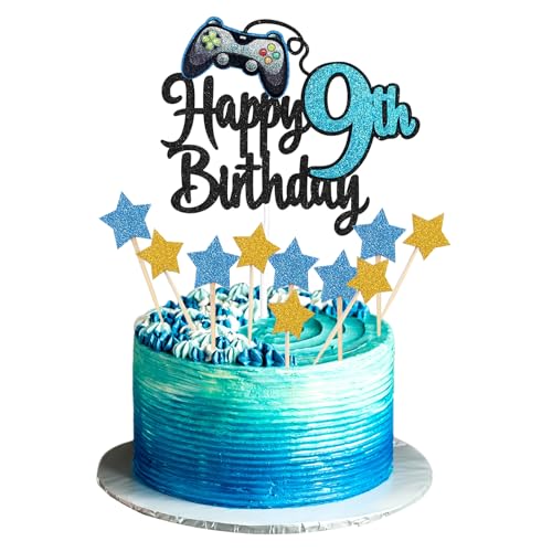 JEKUGOT Happy 9th Birthday Cake Topper Glitter Videospiel Cake Pick Game On Controllers 9 Cheers to 9 Years Cake Decoration 9th Cake Topper (Blue) von JEKUGOT