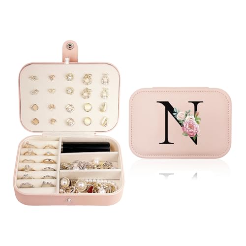 JEKUGOT Kleine Schmuckschatulle für Frauen – Reise-Schmuck-Organizer, personalisierbar, rosa Schmucketui, Geburtstagsgeschenk für Teenager-Mädchen (N) von JEKUGOT