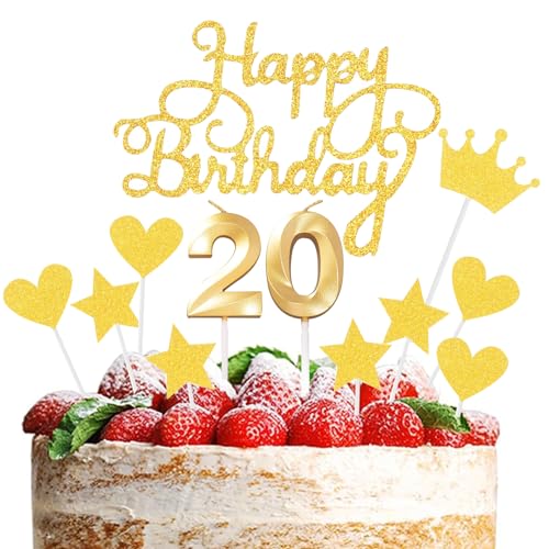 JEKUGOT Kuchendekoration zum 20. Geburtstag, goldene Zahl 20, Kuchendekorationen für Jungen und Mädchen, Happy 20th Birthday Cupcake Topper von JEKUGOT