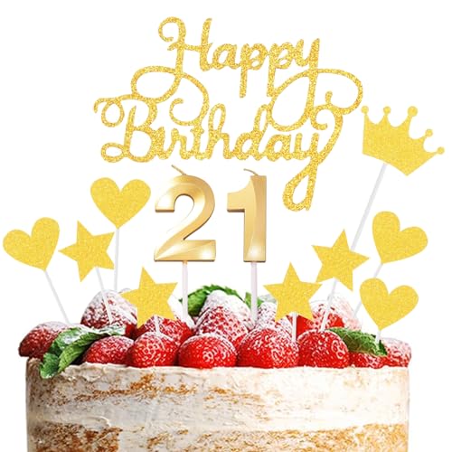 JEKUGOT Kuchendekoration zum 21. Geburtstag, goldene Zahl 21, Kuchendekorationen für Jungen und Mädchen, Happy 21st Birthday Cupcake Topper von JEKUGOT