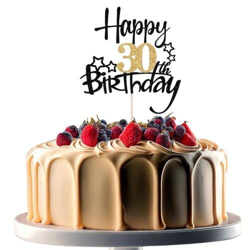 JEKUGOT Kuchendekoration zum 30. Geburtstag, Schwarz und Gold, Glitzer, Kuchendekorationen zum 30. Geburtstag, für Männer und Frauen, Motto-Party (1 Stück) von JEKUGOT