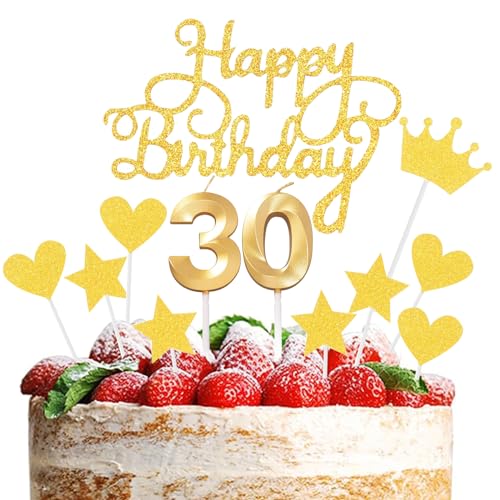 JEKUGOT Kuchendekoration zum 30. Geburtstag, goldene Zahl 30, Kuchendekorationen für Jungen und Mädchen, Happy 30th Birthday Cupcake Topper von JEKUGOT