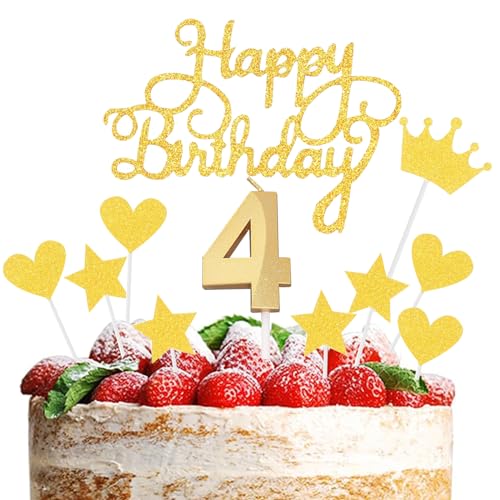 JEKUGOT Kuchendekoration zum 4. Geburtstag, goldene Zahl 4, Kuchendekorationen für Jungen und Mädchen, Happy 4th Birthday Cupcake Topper von JEKUGOT