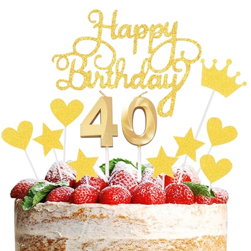 JEKUGOT Kuchendekoration zum 40. Geburtstag, goldene Zahl 40, Kuchendekorationen für Jungen und Mädchen, Happy 40th Birthday Cupcake Topper von JEKUGOT