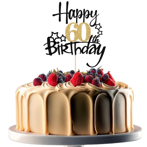 JEKUGOT Kuchendekoration zum 60. Geburtstag, Schwarz und Gold, Glitzer, Kuchendekorationen zum 60. Geburtstag, für Männer und Frauen, Motto-Party (1 Stück) von JEKUGOT