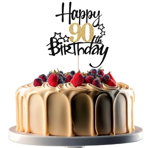 JEKUGOT Kuchendekoration zum 90. Geburtstag, Schwarz und Gold, Glitzer, Kuchendekorationen zum 90. Geburtstag, für Männer und Frauen, Motto-Party (1 Stück) von JEKUGOT