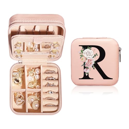 JEKUGOT Personalisierte Schmuckschatulle, klein, Reise-Schmuckschatulle mit Spiegel, Reise-Schmuck-Organizer, Aufbewahrungsbox, Geburtstagsgeschenk für Frauen, Mütter und Freunde (A), Leder von JEKUGOT