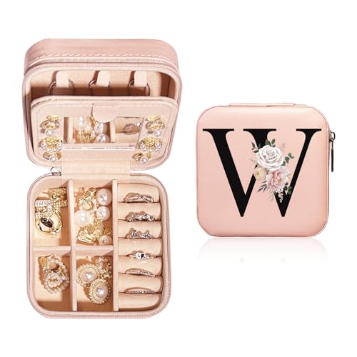 JEKUGOT Personalisierte Schmuckschatulle, klein, Reise-Schmuckschatulle mit Spiegel, Reise-Schmuck-Organizer, Aufbewahrungsbox, Geburtstagsgeschenk für Frauen, Mütter und Freunde (A), Leder von JEKUGOT