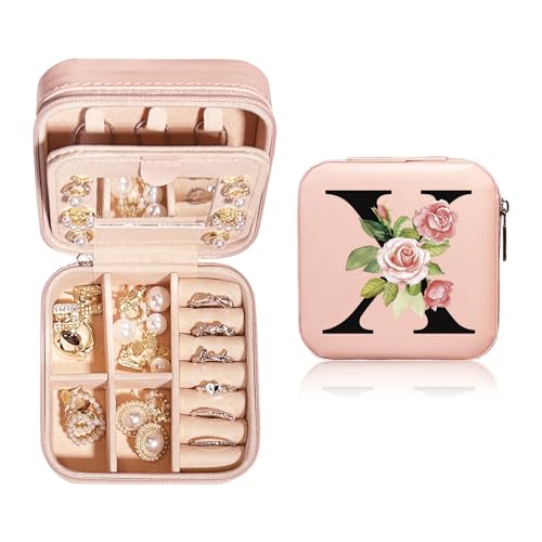 JEKUGOT Personalisierte Schmuckschatulle, klein, Reise-Schmuckschatulle mit Spiegel, Reise-Schmuck-Organizer, Aufbewahrungsbox, Geburtstagsgeschenk für Frauen, Mütter und Freunde (A), Leder von JEKUGOT