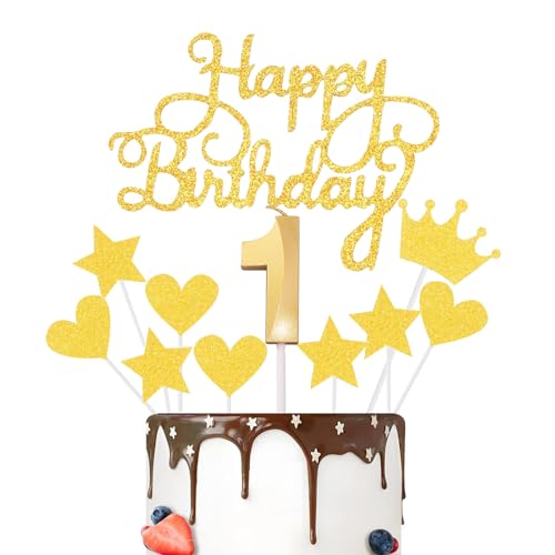 JEKUGOT Tortenaufsatz und Kerzen Set zum 1. Geburtstag, goldene Zahl 1 Kuchendekorationen für Jungen und Mädchen, Happy 1th Birthday Cupcake Topper von JEKUGOT