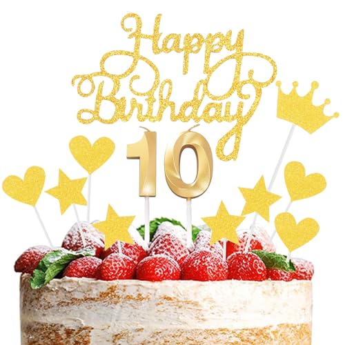 JEKUGOT Tortenaufsatz und Kerzen Set zum 10. Geburtstag, goldene Zahl 10, Kuchendekorationen für Jungen und Mädchen, Happy 10th Birthday Cupcake Topper von JEKUGOT