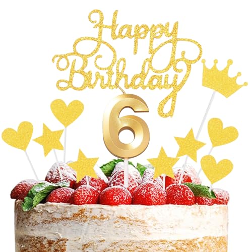JEKUGOT Tortenaufsatz und Kerzen Set zum 6. Geburtstag, goldene Zahl 6, Kuchendekorationen für Jungen und Mädchen, Happy 6th Birthday Cupcake Topper JEKUGOT Tortenaufsatz und Kerzen Set zum 6. Geburtstag, goldene Zahl 6, Kuchendekorationen für Jungen und Mädchen, Happy 6th Birthday Cupcake Topper von JEKUGOT