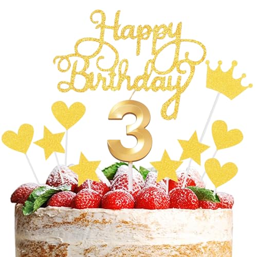 JEKUGOT Tortenaufsatz und Kerzen zum 3. Geburtstag, goldene Zahl 3, Kuchendekorationen für Jungen und Mädchen, Happy 3th Birthday Cupcake Topper von JEKUGOT