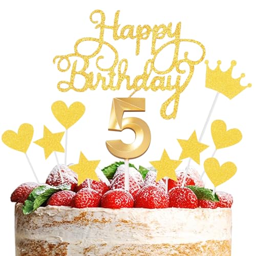 JEKUGOT Tortenaufsatz und Kerzen zum 5. Geburtstag, goldene Zahl 5, Kuchendekorationen für Jungen und Mädchen, Happy 5th Birthday Cupcake Topper von JEKUGOT