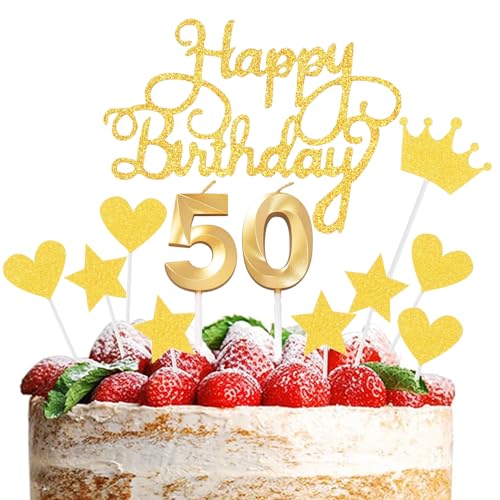 JEKUGOT Tortenaufsatz und Kerzen zum 50. Geburtstag, goldene Zahl 50, Kuchendekorationen für Jungen und Mädchen, Happy 50th Birthday Cupcake Topper von JEKUGOT
