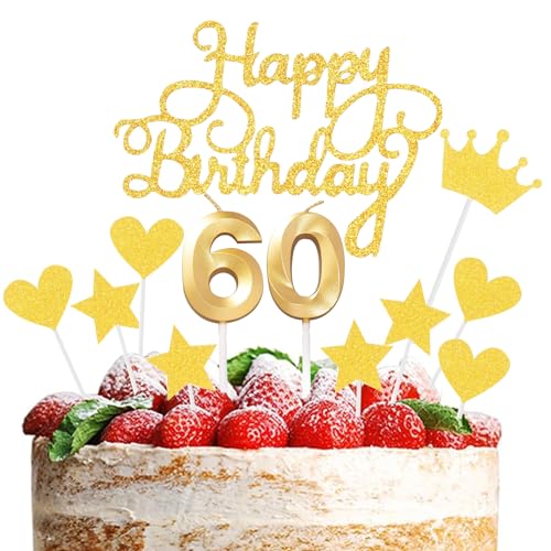 JEKUGOT Tortenaufsatz und Kerzen zum 60. Geburtstag, goldene Zahl 60, Kuchendekorationen für Jungen und Mädchen, Happy 60th Birthday Cupcake Topper von JEKUGOT