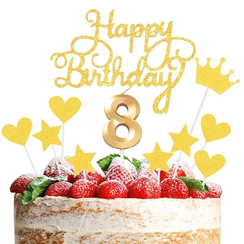 JEKUGOT Tortenaufsatz und Kerzen zum 8. Geburtstag, goldene Zahl 8, Kuchendekorationen für Jungen und Mädchen, Happy 8th Birthday Cupcake Topper von JEKUGOT