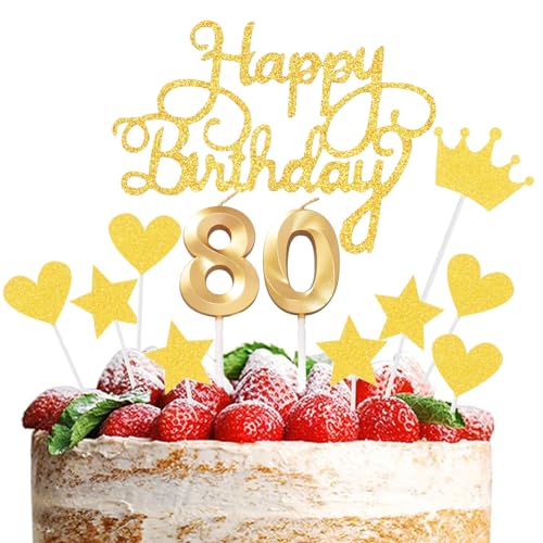 JEKUGOT Tortenaufsatz und Kerzen zum 80. Geburtstag, goldene Zahl 80, Kuchendekorationen für Jungen und Mädchen, Happy 80th Birthday Cupcake Topper von JEKUGOT