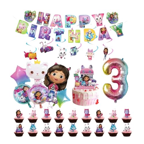 Gabby Puppenhaus Geburtstag Party Dekoration Set mit Tortenaufsätzen und Folienballons mit Alter Nummer Ballon (aufgeblasen) (3 YR OLD) von JELLO NELLO