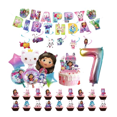 Gabby Puppenhaus Geburtstag Party Dekoration Set mit Tortenaufsätzen und Folienballons mit Alter Nummer Ballon (aufgeblasen) (7 Jahre alt) von JELLO NELLO