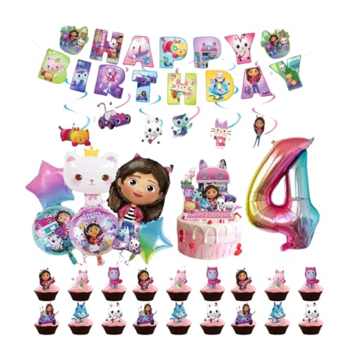 Gabby Puppenhaus Geburtstag Party Dekorationsset inklusive Tortenaufsätze und Folienballons mit Alter Nummer Ballon (aufgeblasen) (4 Jahre alt) von JELLO NELLO