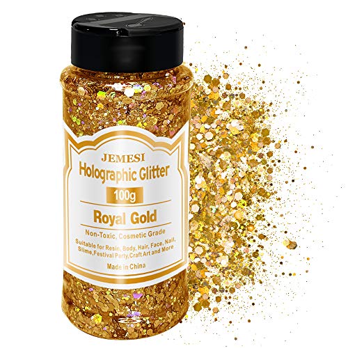 Holographic Chunky Glitter, Glitzergold 100g Chunky Pailletten Glitter, Craft Glitter für Harz, Gesicht, Nagel, Körper, Slime, Festival Party Art von JEMESI