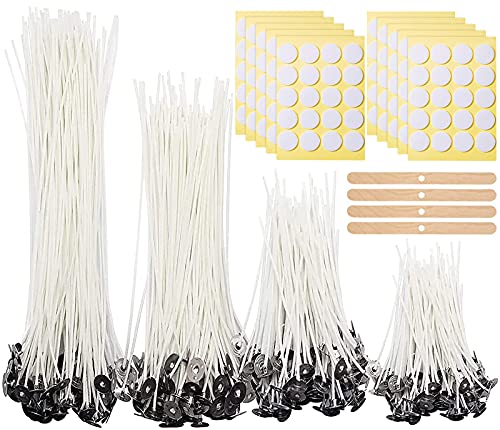 JEMESI 200 Stück Kerzendochte. Dochte für Kerzen (5 cm, 9 cm, 15cm und 20 cm), 100% natürlich aus Bio-Baumwolle, mit 200 doppelseitigen Docht-Aufklebern und Ständer, für DIY Kerzenherstellung von JEMESI