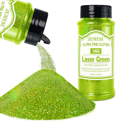 JEMESI Grün Glitzerpulver, 140g - 0.2mm Ultra Fine Glitzerpulver Glitter für Epoxidharz, DIY Basteln,Tumbler Malerei Kerze Herstellung; Kosmetischer Glitzer, Nail Powder, Body Glitzer Haare von JEMESI